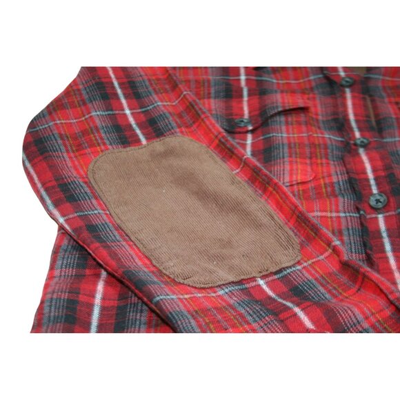 KAVU Red Plaid Flannel Shirt Dress Women S Elbow Patches Fall Festival Cabincore - Picture 4 of 8